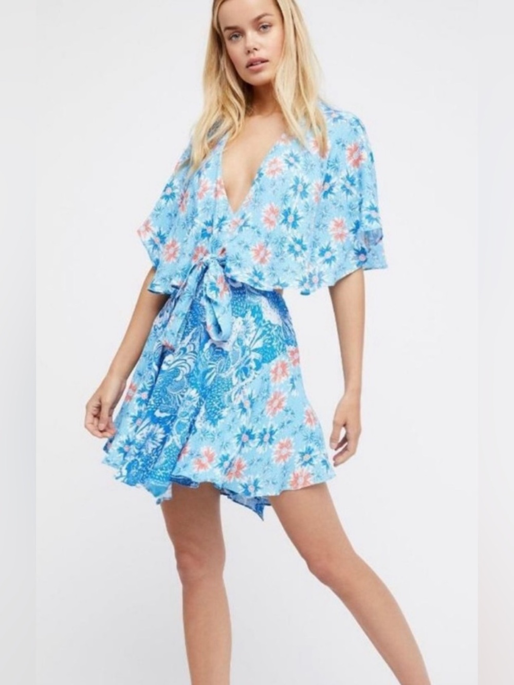 Free People Blue Floral Wrap Mini Dress